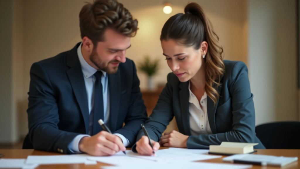 Paar beim Überprüfen von Dokumenten und Finanzplanung für Hauskauf