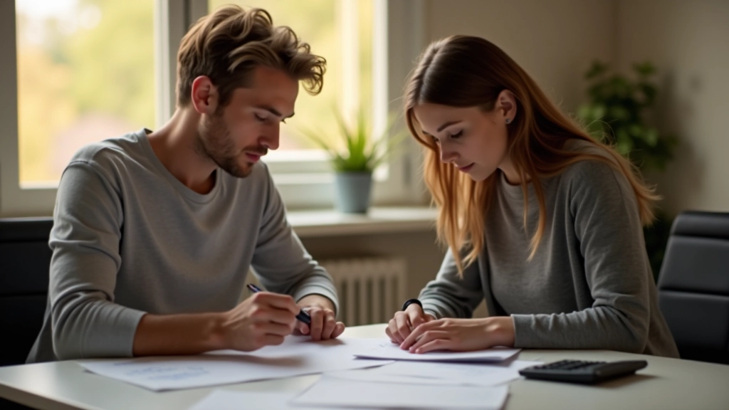 Ehepaar sitzt am Schreibtisch und bespricht Immobilienkauf-Dokumente mit Taschenrechner und Notizen
