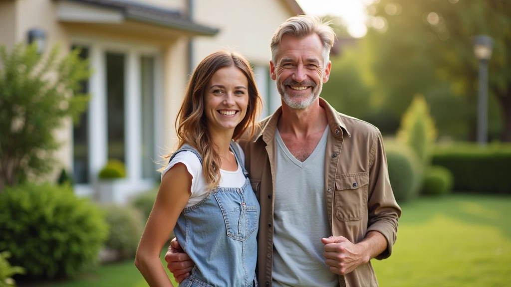 Familie steht vor ihrem neu gekauften Haus und schauen es sich an — glückliche Hausbesitzer