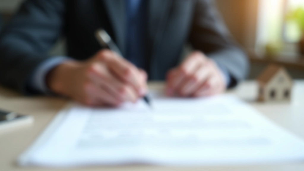 Unterschrift von Immobilienkaufvertrag mit Schlüsseln und Dokumenten auf Schreibtisch