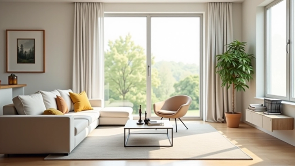 Modernes Wohnzimmer mit großem Fenster, helles Tageslicht, modernes Interieur