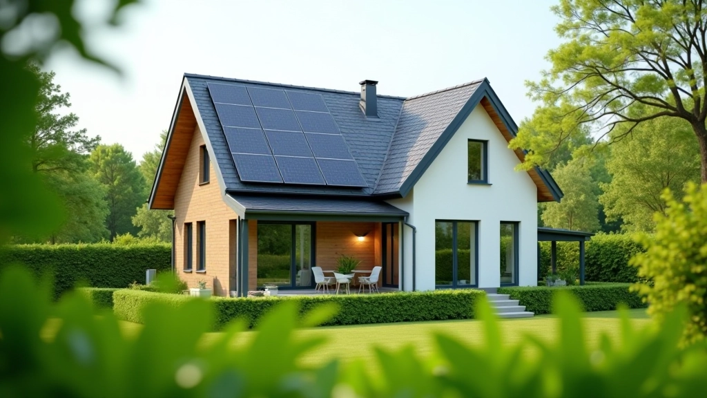 Modernes Haus mit Solarpanelen auf dem Dach und grünem Garten — energieeffiziente Immobilie