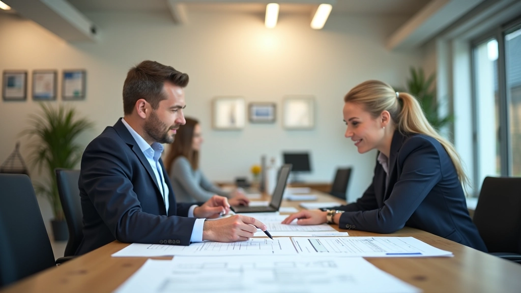 Professionelle Immobilienberatung in modernem Büro mit Dokumenten und Laptop