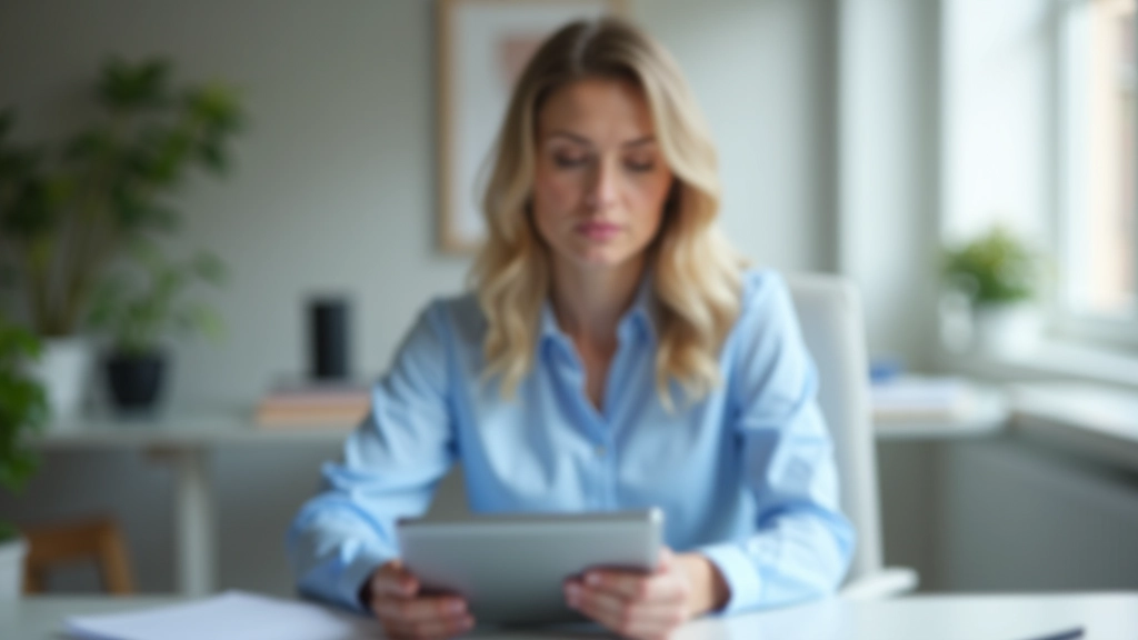 Frau mit Tablet überprüft Immobiliendaten und Finanzierungsoptionen online