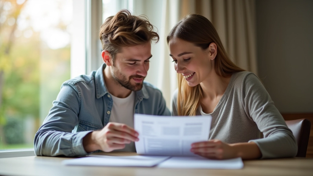 Junges Paar schaut auf Hausdokumente und Finanzplan am Tisch
